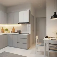 Dapur Open Space Nuansa Abu-abu dan Putih/ Desain Dapur Minimalis Open Space untuk Rumah Tipe Kecil (Sumber: gemini.com)