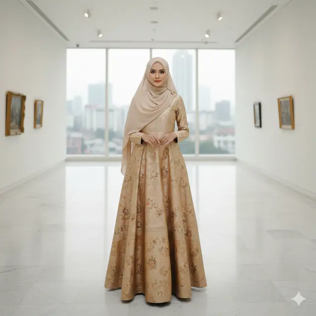 Gamis Batik Brokat Warna Champagne