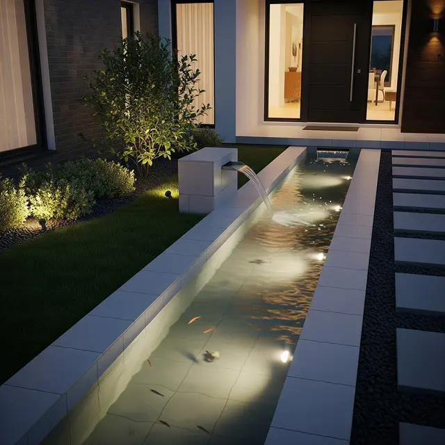 Kolam Ikan Minimalis dengan Lampu Taman yang Hangat (Image by Gemini AI)