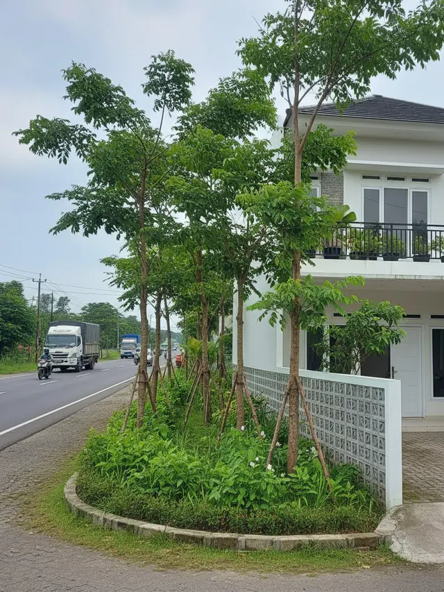 Desain Landscape Rumah di Desa Dekat Jalan Raya. AI