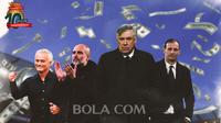 Artikel 10 Tahun Bola.com - Pep Guardiola, Jose Mourinho, Carlo Ancelotti, Massimiliano Allegri dengan uang berterbangan (Bola.com/Adreanus Titus)