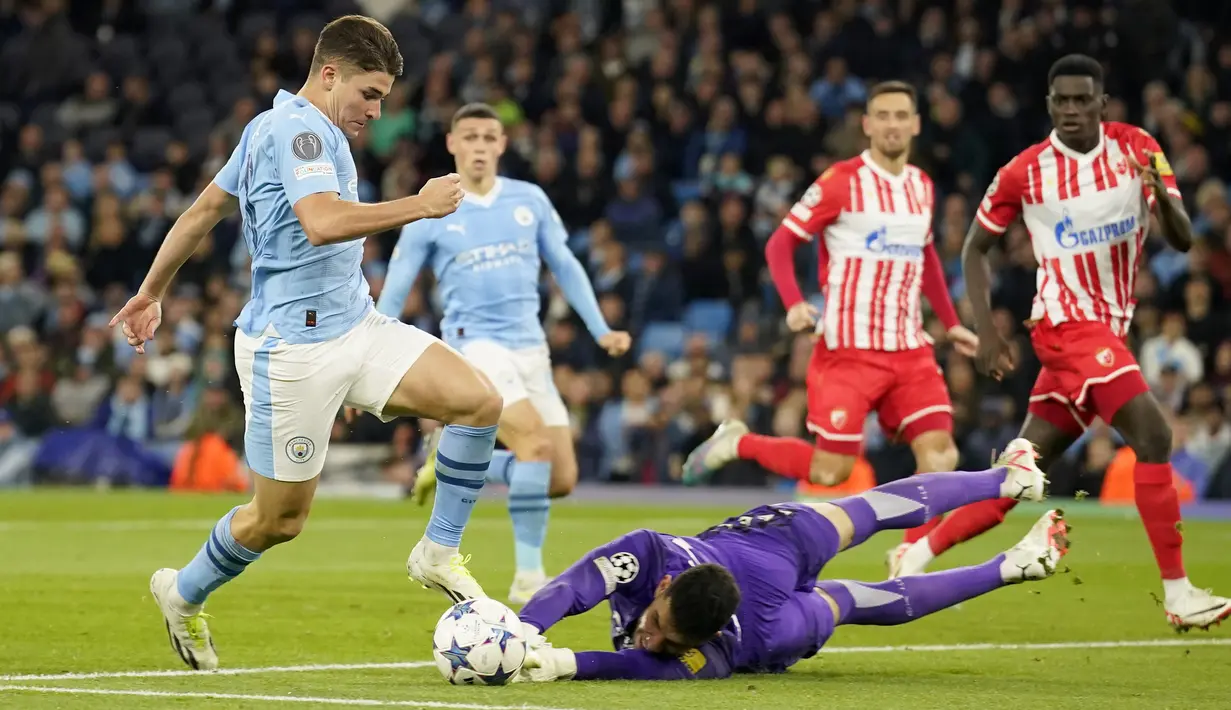 Berkat hasil ini, Manchester City berhak memuncaki klasemen Grup G dengan poin 3, sedangkan Red Star menduduki posisi ketiga. (AP Photo/Dave Thompson)