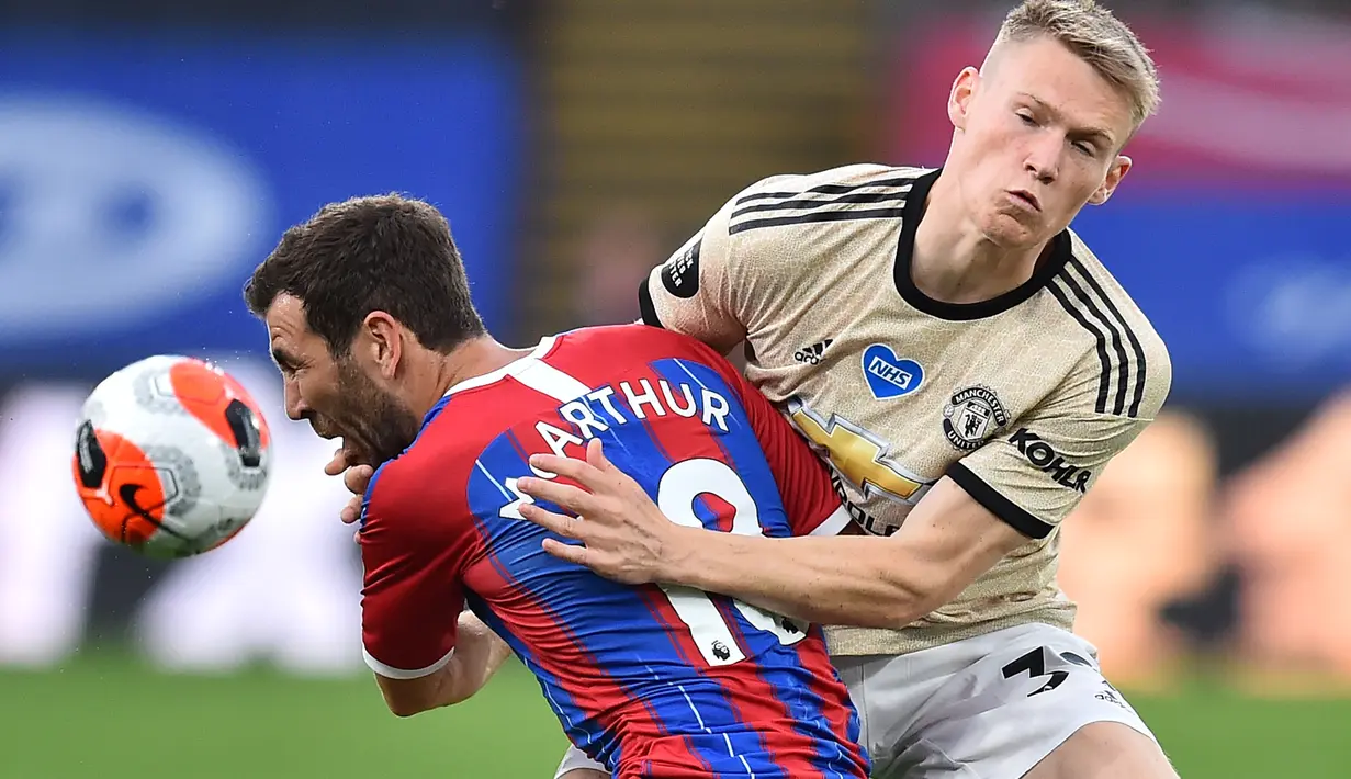 Gelandang Crystal Palace, James McArthur (kiri) berebut bola dengan gelandang Manchester United Scott McTominay dalam laga Liga Inggris pekan ke-36 di Selhurst Park, London, Kamis (16/7/2020).  MU meraih kemenangan di kandang Crystal Palace dengan skor 2-0. (Glyn KIRK/POOL/AFP)