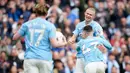 Saat ini, Manchester City berada di posisi dua dengan raihan 82 poin dari 35 atau kalah satu angka dari pemuncak klasemen sementara Liga Inggris 2023/2024, Arsenal. (AP Photo/Dave Thompson)
