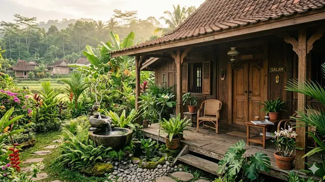10 Desain Rumah Desa Sederhana dengan Pancuran Mini di Teras, Nuansa Relaksasi