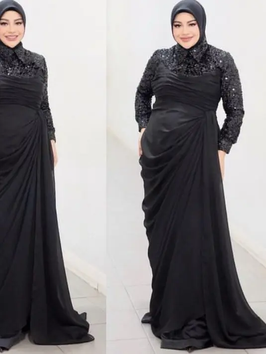 Gaya elegan juga ditunjukan oleh Aurel Hermansyah mengenakan dress hitam dengan model atasan model kemeja berkerah berpayet ditambah dengan dress model off shoulder hitam serasi dengan kerudungnya. [@erichalamin]