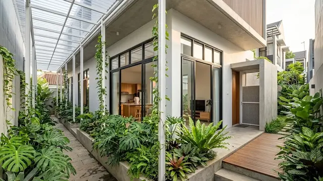 Lorong Hijau Semi-Terbuka dengan Kanopi Transparan