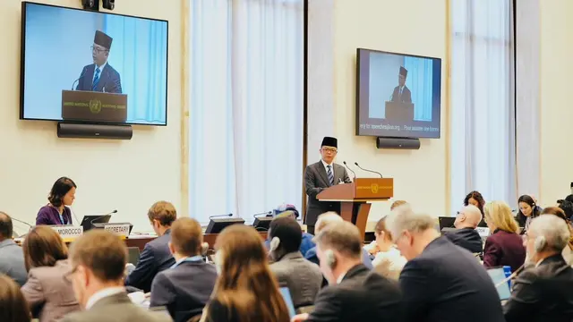 Menlu Republik Indonesia Sugiono saat berpidato dalam High-Level Segment of the Conference on Disarmament di Jenewa, Swiss, pada Senin (23/2/2026). (Dok. Kemlu RI)