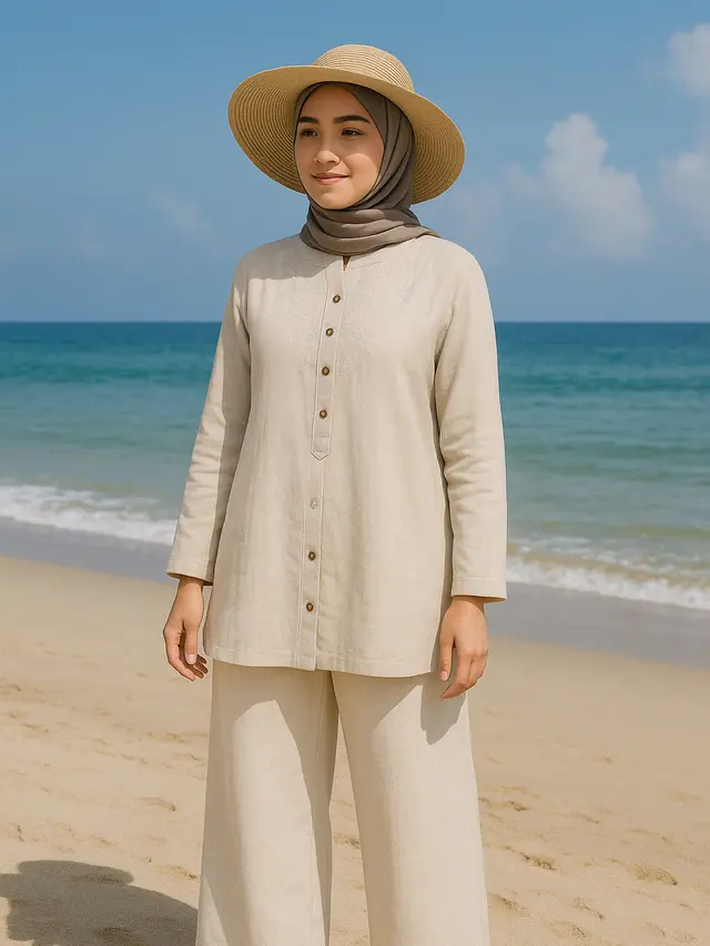 Outfit ke Pantai Hijabers yang Simpel tapi Dijamin Cantik (Foto: Rizka Nur Laily via ChatGPT)