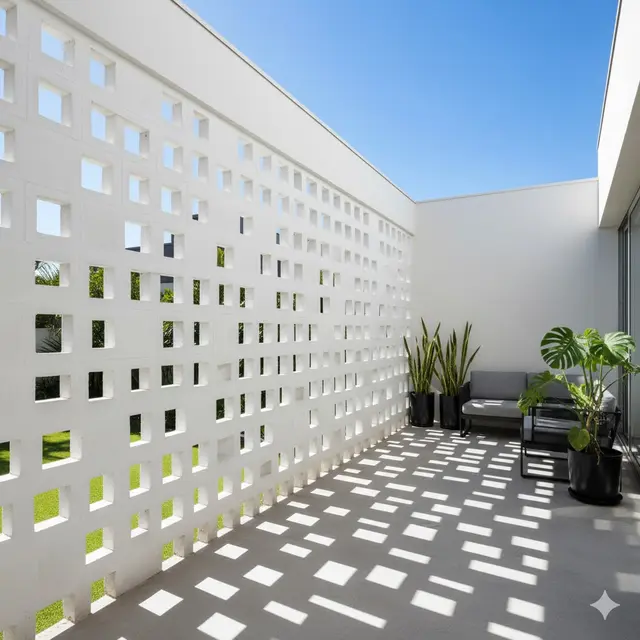 Teras Rumah Modern dengan Dinding Roster Tembus Cahaya (Image by Gemini AI)