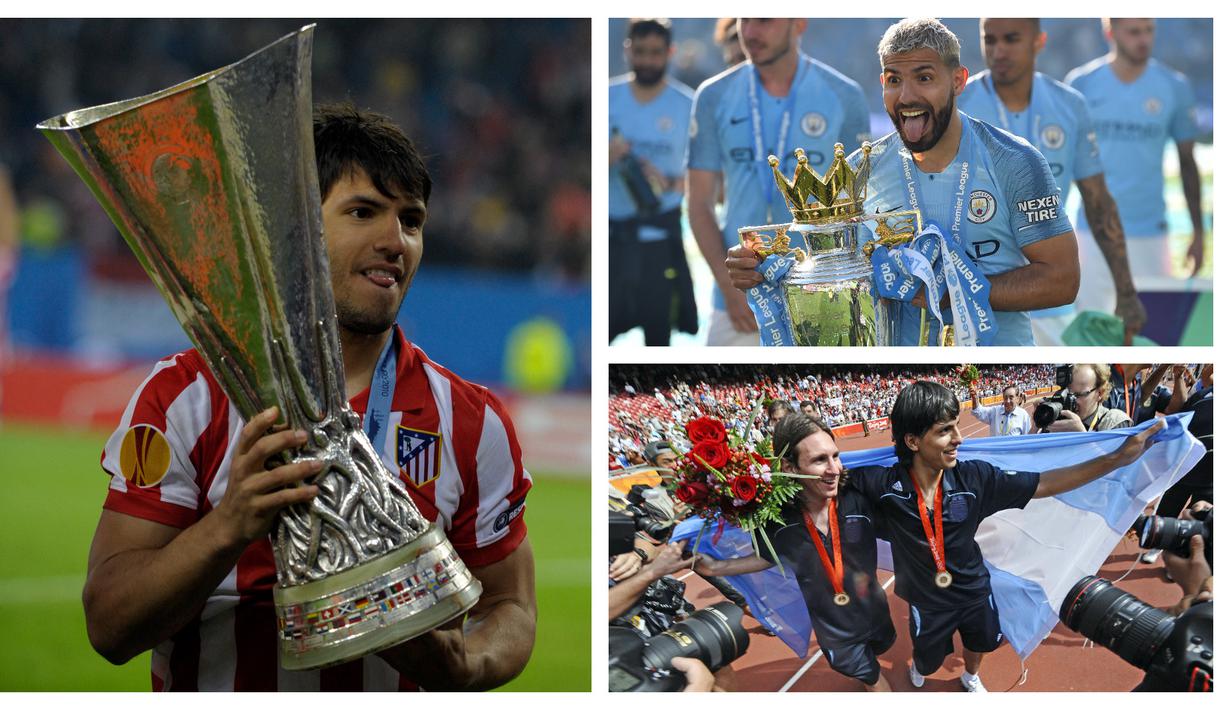 Sergio Aguero telah resmi mengumumkan pensiun sebagai pesepak bola pada 15 Desember 2021 lalu. Total 18 tahun perjalanan kariernya dihabiskan bersama 4 klub serta Timnas Argentina. Total 21 trofi juara berhasil diraihnya. Berikut uraiannya. (Kolase AFP)