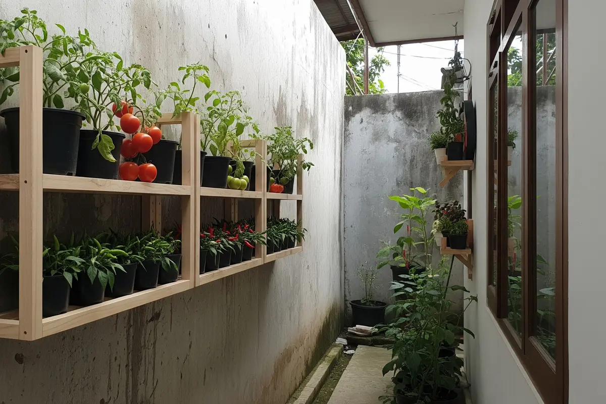 Kebun Buah Gantung di Tembok Model Rak Kayu Tempel Minimalis