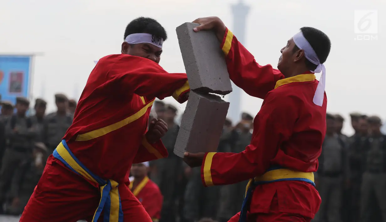 Satuan Polisi Pamong Praja (Satpol PP) menampilkan atraksi silat dalam rangka perayan HUT Satpol PP ke-68 di Monas, Jakarta, Kamis (26/4). Gubernur DKI Anies Baswedan bertindak sebagai Inspektur Upacara HUT Satpol PP itu. (Liputan6.com/Arya Manggala)