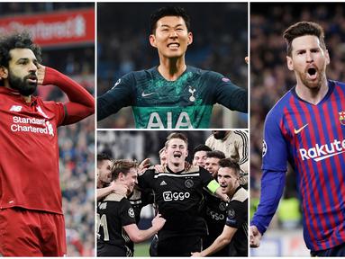 Berikut ini empat pemain yang tampil gemilang di perempat final Liga Champions 2019. Diantaranya, Lionel messi, Son Heung-Min, Mohamed Salah dan Matthijs de Ligt. (Foto-foto Kolase AP dan AFP)