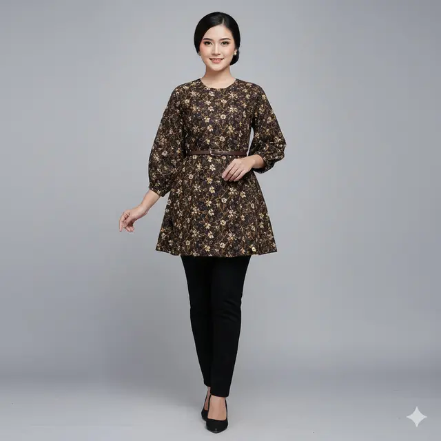 Tunik Batik Lengan Bishop dengan Tali Pinggang: Defined Waistline