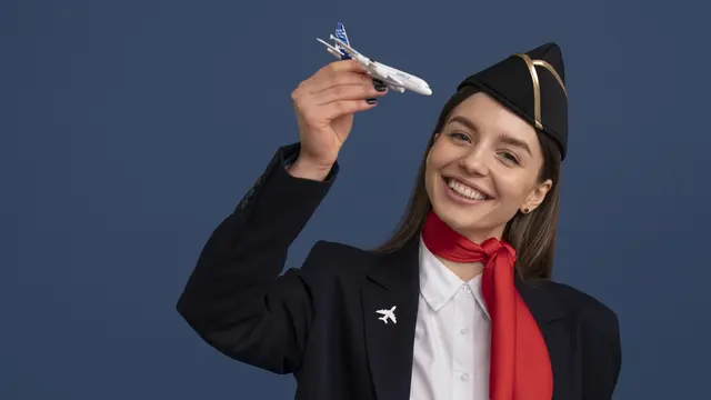 Seorang pramugari memegang sebuah miniatur pesawat (Foto Dok: Freepik/freepik)