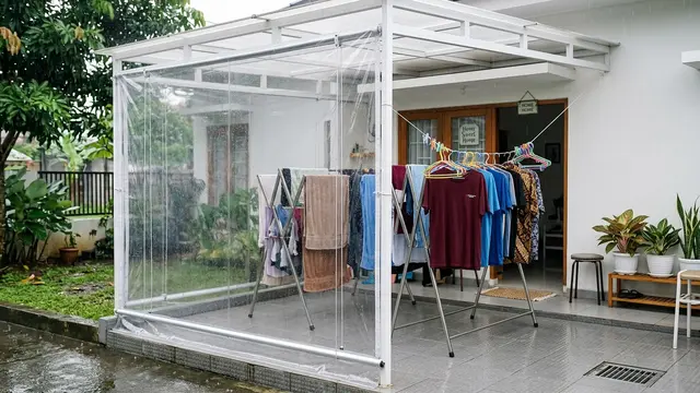 Teras Jemuran dengan Kanopi dan Tirai Gulung Transparan