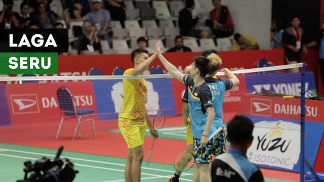 Berita video momen laga seru antara dua ganda putra Indonesia, Marcus Gideon / Kevin Sanjaya melawan Fajar Alfian / Rian Ardianto di Indonesia Masters 2019, Jumat (25/1/2019).
