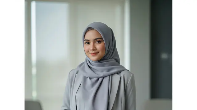 Gamis Satin Flowy dengan Outer Blazer Tipis Warna Senada