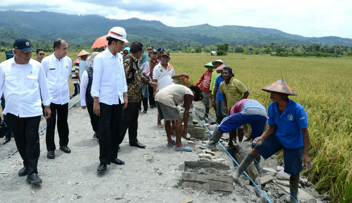 Presiden Jokowi berinteraksi dengan pekerja saat meninjua irigasi di Desa Waimital, Kecamatan Kairatu, Kabupaten Seram Bagian Barat (14/2). (Liputan6.com/Pool/Biro Pers Setpres)