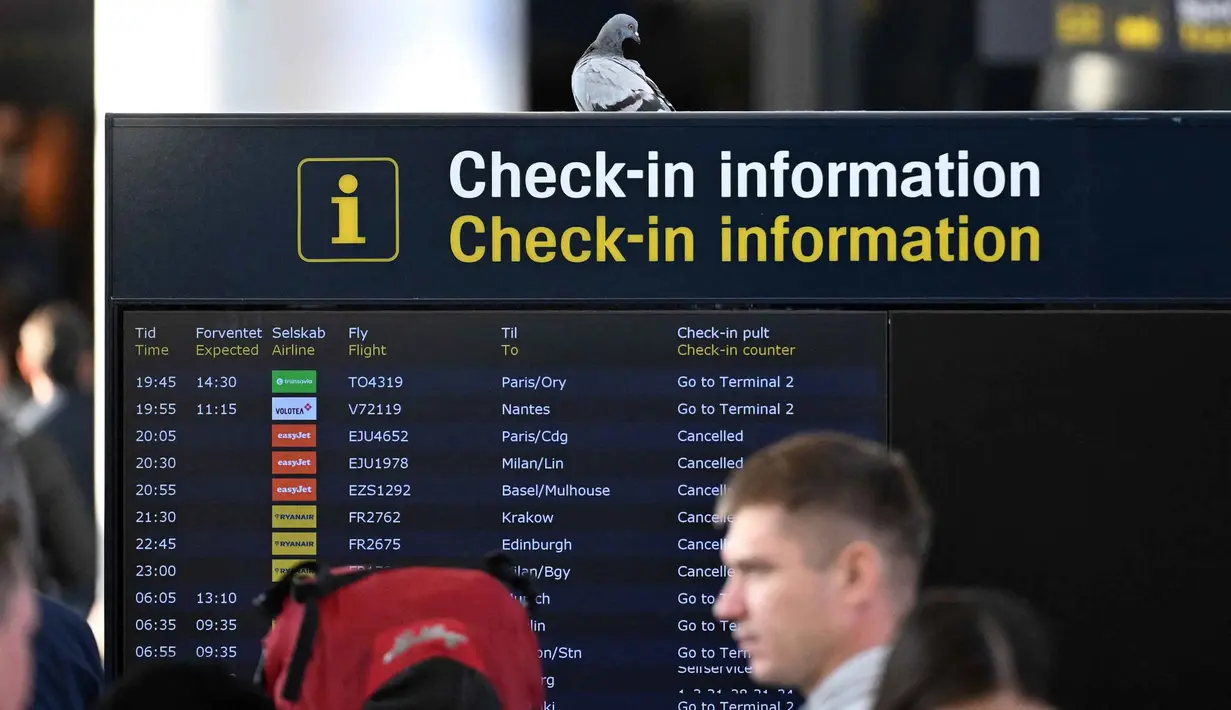Calon penumpang terlihat di depan papan informasi penerbangan di Bandara Kopenhagen, Denmark, pada 23 September 2025. (Sergei GAPON/AFP)