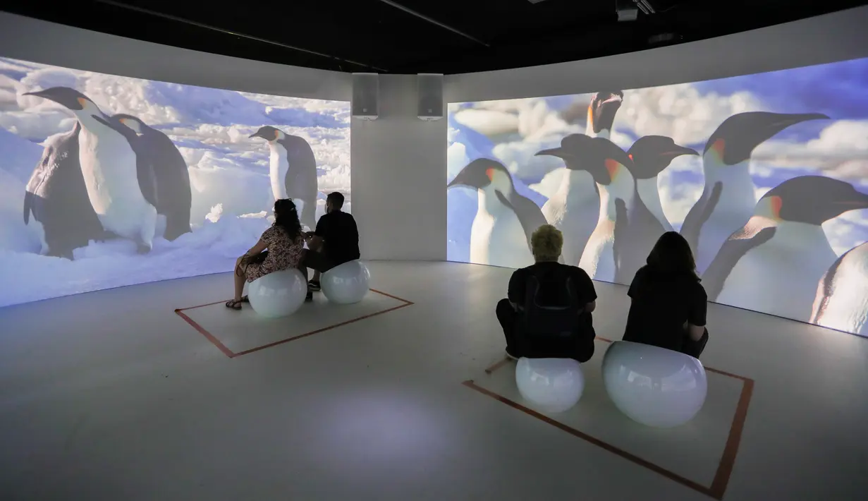 Orang-orang menonton video yang menampilkan Antarktika di ruang pameran di Museum Institut Ilmu Pengetahuan Alam Kerajaan Belgia di Brussel, Belgia (15/9/2020).  (Xinhua/Zheng Huansong)