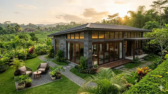 Desain Rumah Desa Adem dengan Taman Samping dan Dinding Batu Alam. Gemini