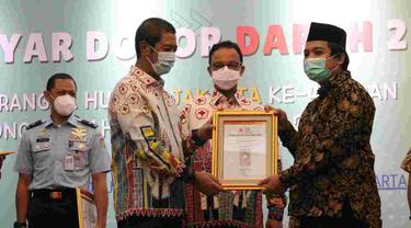 Gubernur DKI Jakarta, Anies Baswedan, menghadiri kegiatan sosialisasi dalam rangka memperingati Hari Donor Darah Sedunia