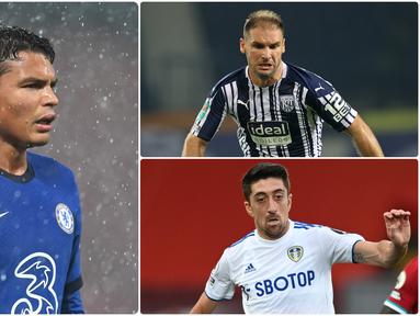 Thiago Silva menjadi menjadi salah satu pemain tertua di Liga Inggris pada musim 2020/2021. Selain Silva ternyata ada beberapa pemain tua lainnya yang tercatat bermain di Liga Inggris musim ini. Berikut Thhiago Silva dan 5 pemain tertua di Liga Inggris musim ini. (kolase foto AFP)