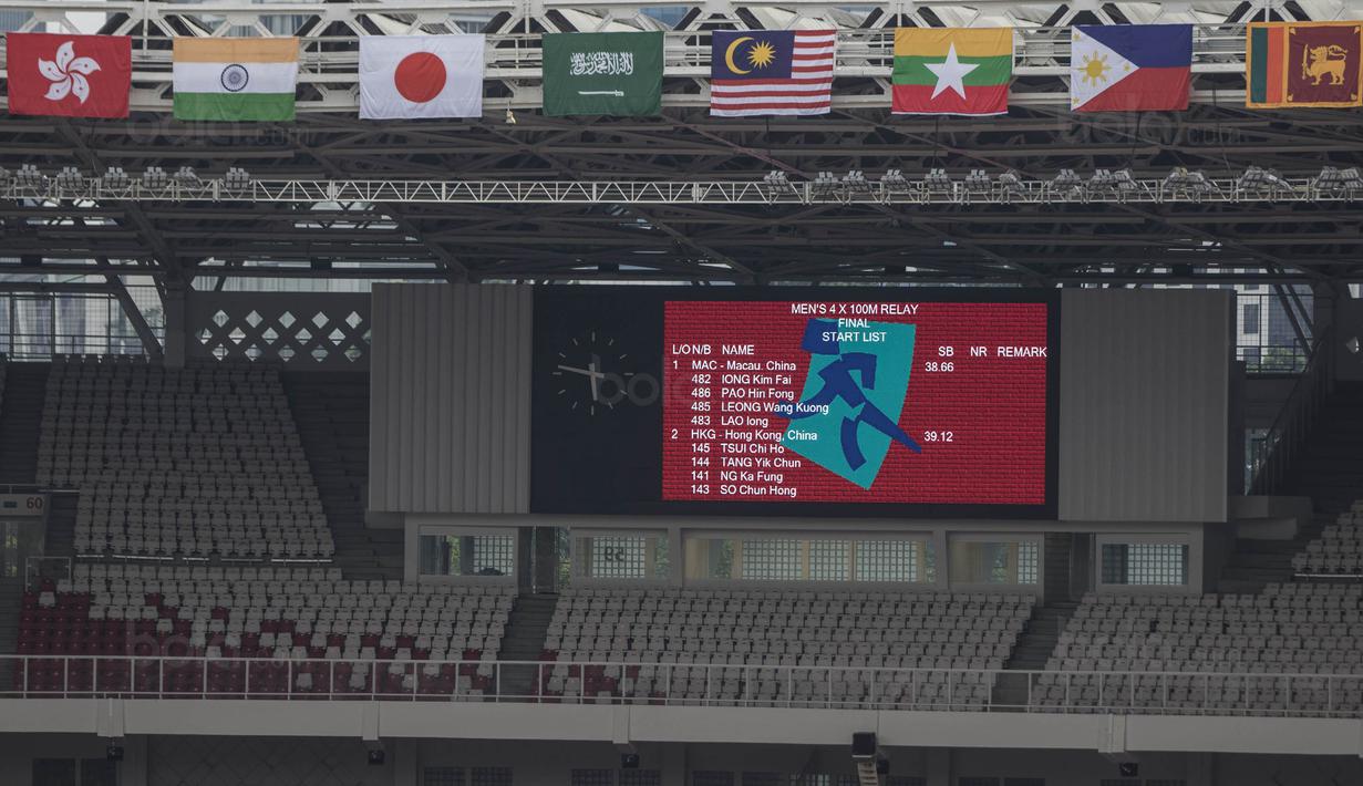 Deretan bendera peserta invitation tournament cabang atletik terpasang di Stadion Utama Gelora Bung Karno, Jakarta, Jumat (9/8/2018). Lokasi ini akan dijadikan venue dari invitation tournament cabang atletik. (Bola.com/Vitalis Yogi Trisna)