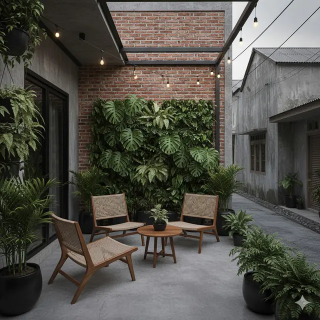 Teras Rumah di Gang Sempit dengan Konsep Tropical-Industrial Terbaru 2025. Gemini