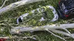Mobil tergeletak di bawah pohon tumbang menyusul badai yang kuat, di Milan, Italia, Selasa, 25 Juli 2023. (Stefano Porta/LaPresse via AP)