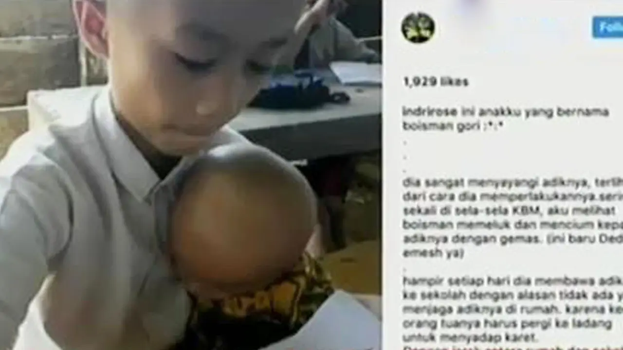 Bocah SD Sekolah Sambil Asuh Adik Viral di Medsos