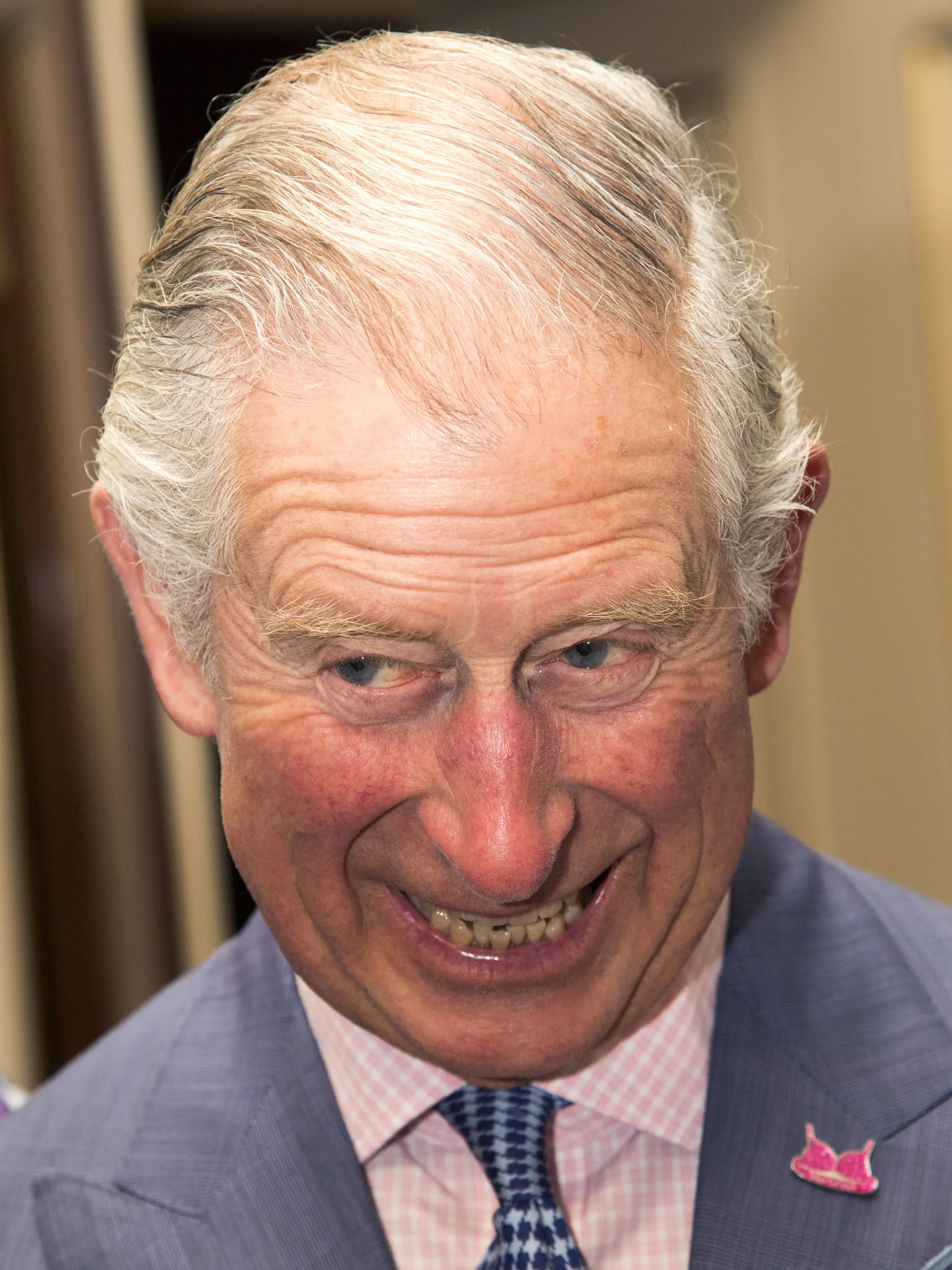 Ekspresi Pangeran Charles memotong kue bergambar bra saat menghadiri ulang tahun ke-20 Walk the Walk di Clarence House, London (23/11). Walk the Walk merupakan lembaga amal yang fokus terhadap pencegahan kanker payudara. (AFP PHOTO/POOL/Arthur Edwards)