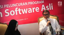 Dit Tipideksus Bareskrim Brigjen Pol Agung Setya menjadi pembicara pada peluncuran program piagam software asli, Jakarta, Senin (23/10). Peluncuran tersebut untuk mengedukasi pelaku bisnis demi keamanan dari kejahatan cyber. (Liputan6.com/Faizal Fanani)