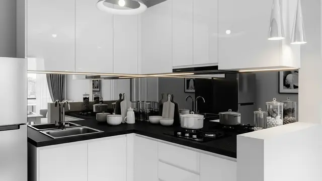 Dapur Monokrom Simple dengan Efek Cermin