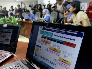 Suasana konferensi pers terkait batas akhir layanan bertahap kartu prabayar telekomunikasi di Kominfo, Jakarta, Rabu (28/2). Kemenkominfo menegaskan batas akhir pendaftaran ulang nomer prabayar seluler pada hari ini. (Liputan6.com/JohanTallo)