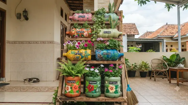 Inspirasi galon bekas menjadi pot bunga bertingkat yang unik dan hemat biaya model bertingkat menyerupai tangga