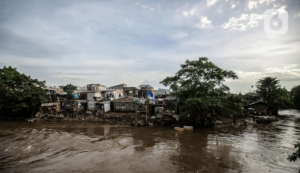 Suasana pemukiman padat penduduk di kawasan bantaran Kali Ciliwung, Jakarta, Rabu(16/11/2022). Pemerintah Provinsi DKI Jakarta akan melakukan normalisasi Kali Ciliwung sepanjang 4,8 kilometer di empat lokasi prioritas yakni Kelurahan Rawajati Cawang, Cililitan, dan Kampung Melayu dengan rancangan anggaran APBD 2023 sebesar Rp469 miliar. (Liputan6.com/Faizal Fanani)