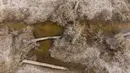 Foto udara memperlihatkan kebun kelapa sawit yang rusak karena garam dan polusi di tepi Sungai Shatt Al-Arab, Basra, Irak, 21 Maret 2022. Air limbah yang dihasilkan Irak, negara berpenduduk 38 juta jiwa, juga meracuni Sungai Tigris dan Efrat. (Hussein FALEH/AFP)