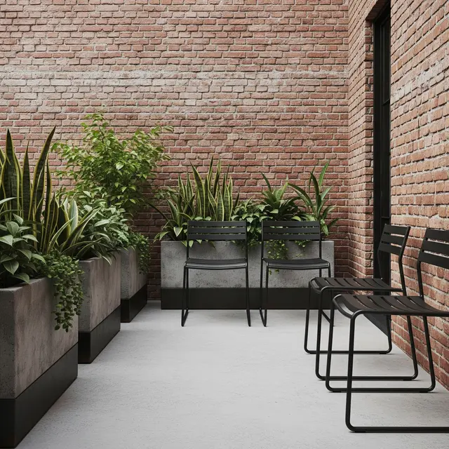 Desain Teras Rumah Sederhana dengan Tanaman Pot Besar (AI)