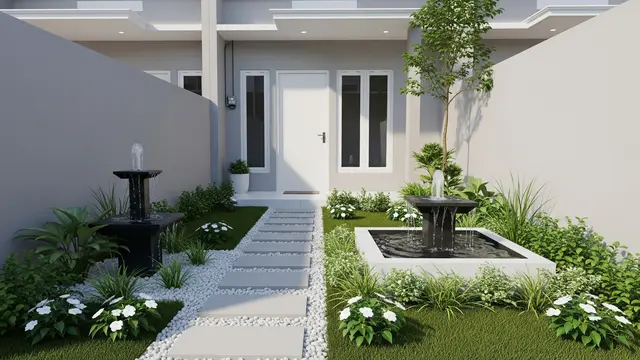 Taman dengan Kolam Ikan atau Air Mancur