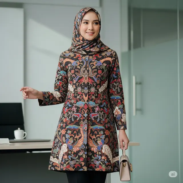 Model Baju Batik Kantor Wanita Berjilbab Modern. Foto: Gemini
