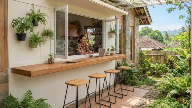 Desain Outdoor Lounge Konsep Japandi untuk Rumah Kecil, Cara Maksimalkan Ruang dan Fungsinya Model Meja Bar Panjang di Sisi Jendela