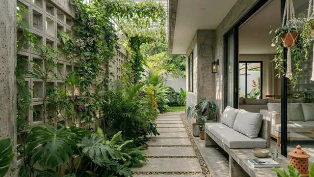 Koridor Samping Rumah dengan Dinding Roster Gemini AI