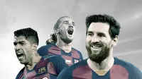 3 pemain Barcelona: Luis Suarez, Antoine Griezmann dan Lionel Messi. (Bola.com/Dody Iryawan)