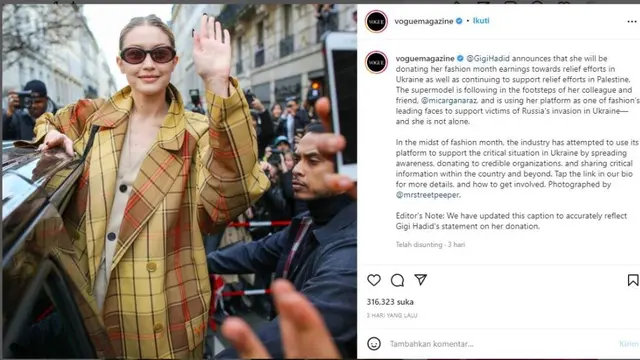 Hapus Kata Palestina di Unggahan Gig Hadid, Vogue Banjir Kecaman