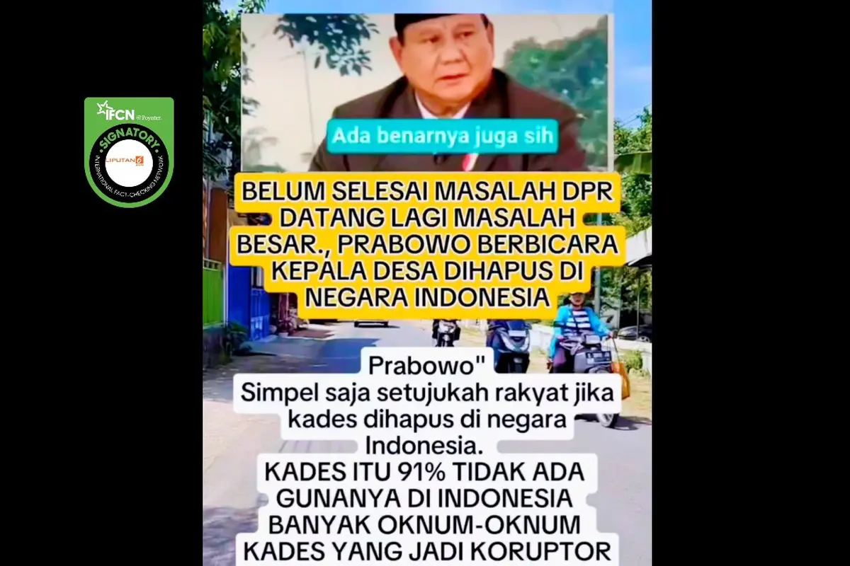 Tangkapan layar klaim Presiden Prabowo Subianto bicara kepala desa dihapus dari Indonesia.