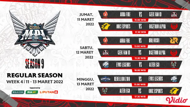 Link Live Streaming MPL Indonesia Season 9 Pekan Keempat di Vidio, 11-13 Maret 2022