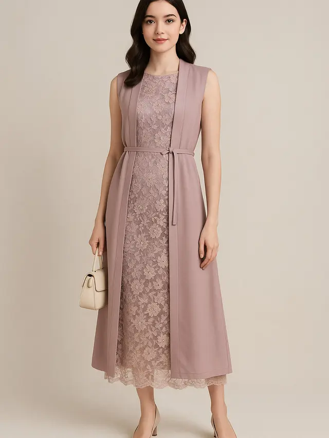 Model Long Dress Brokat Kombinasi Outer Panjang Tanpa Lengan